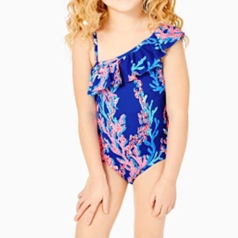 Lilly Pulitzer Kids One-Shoulder Swimsuit - Blue and Pink Coral